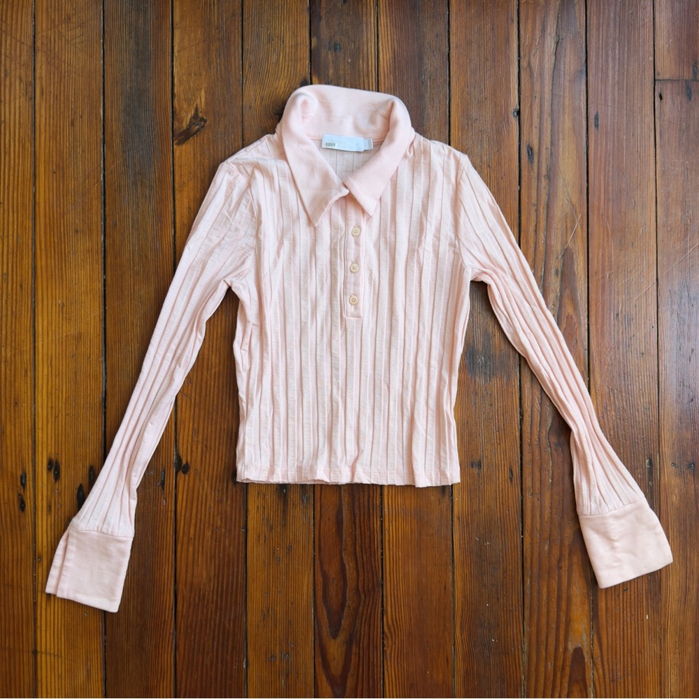 Jonathan Simkhai Pink Ribbed Long-Sleeve Polo Top - Picture 2 of 7